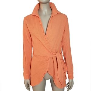 Adika Crepe Wrap Blouse Womens S Orange Collared Seersucker Top